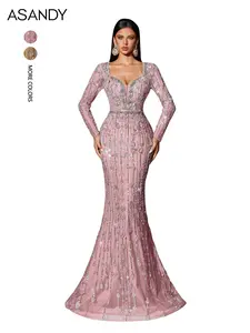 ASANDY Pink Sequin Mermaid Gown Long Sleeve Deep V Neck Beaded Evening Dress for Prom Wedding Guest Gala Multiple Colors