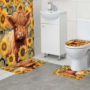 1/4pc Sunflower Field Small Yak Pattern Bathroom Set, The 4-piece set includes a single shower curtain, anti slip floor mat, toilet U-shaped mat, toilet lid mat, with shower curtain hook, and belongs to bathroom decoration products