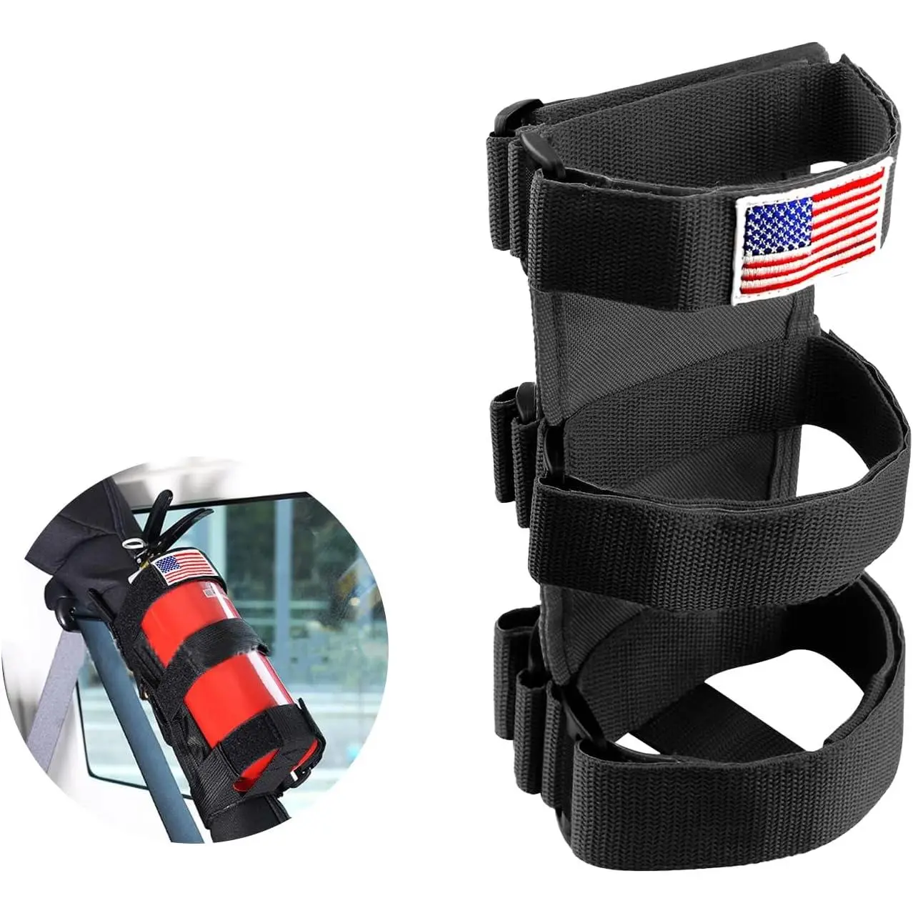 Nylon Fire Extinguisher Holder for 2.5-3LB Extinguishers - 3 Adjustable Straps, American Flag Design, Easy Installation, Roll Bar Fit, Universal Car Interior Accessory for Cars, SUVs (Black, Ideal for Camping Trips), 15X6.7 In, Oxford Cloth, Camping Safet