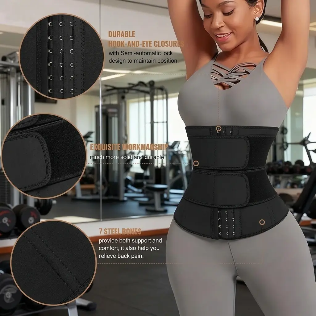 2-Layer Waist Trainer Belt for Women, Adjustable Tummy Control Shaper with Hooks & Velcro, Black