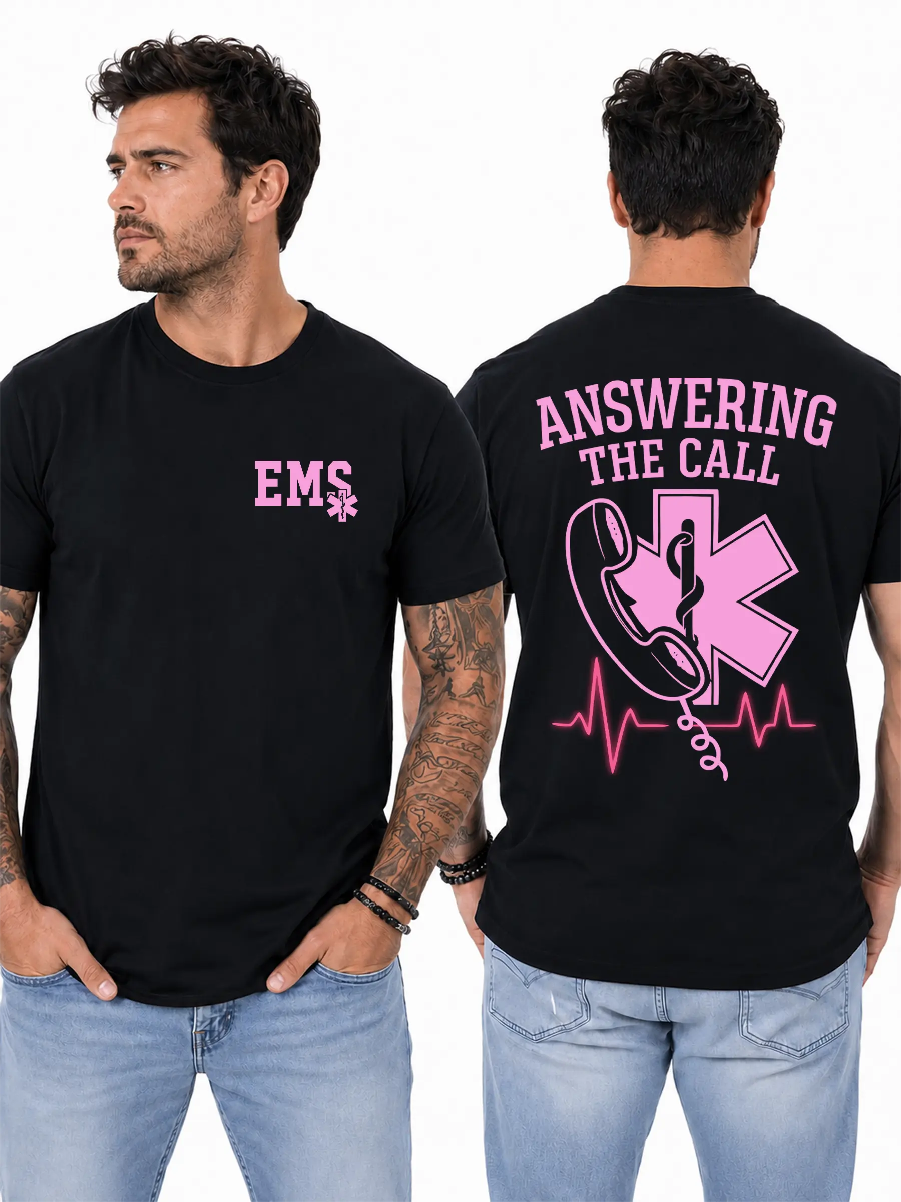 EMS Answering the Call T-Shirt, Pink Phone & Star of Life Graphic, EMT First Responder Graphic Shirt for Paramedics & Dispatch Heroes, Gift for EMS Workers Design