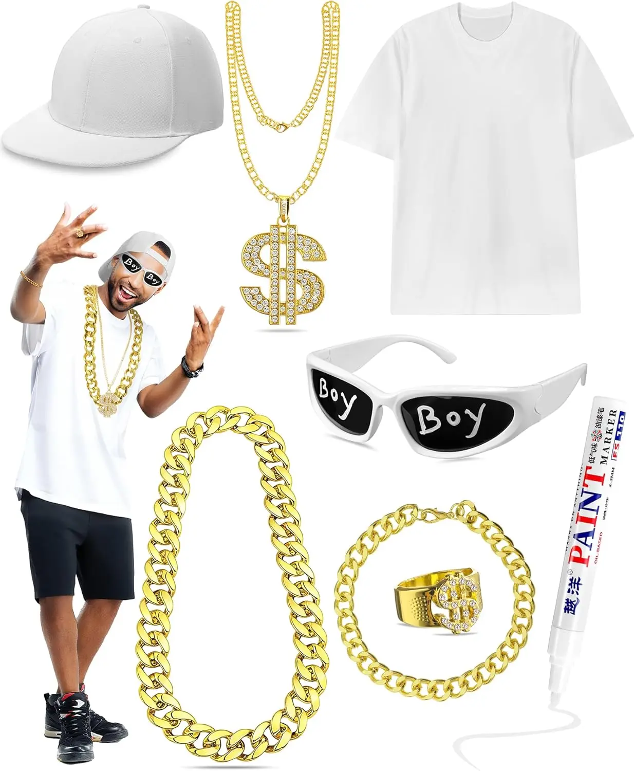 8 Pcs Hip Hop Rapper Costume Kit 2000s 80s 90s Halloween Rapper Accessories Cotton Shirt,Hat, Sunglasses,Necklace, Paint Pens,Bracelets and Dollar Sign Rings for Men Women Adult