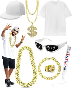 8 Pcs Hip Hop Rapper Costume Kit 2000s 80s 90s Halloween Rapper Accessories Cotton Shirt,Hat, Sunglasses,Necklace, Paint Pens,Bracelets and Dollar Sign Rings for Men Women Adult