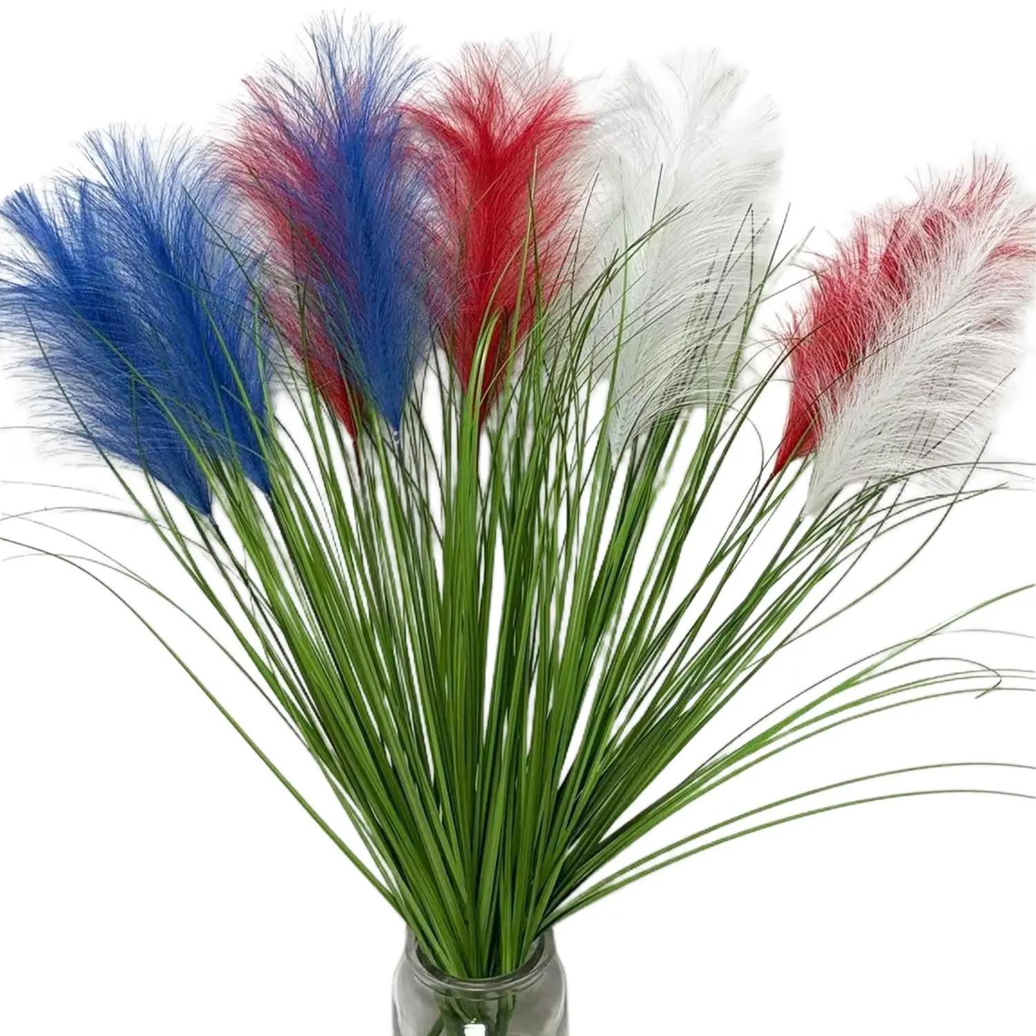 9pcs Pampas Grass Decor,Artificial Pompous Grass Bulk Set,Small Vase Filler Pompas Grass for Decorative Home Wedding Living Room Wall Party Decoration (Red,White,Blue, 9 Pcs)