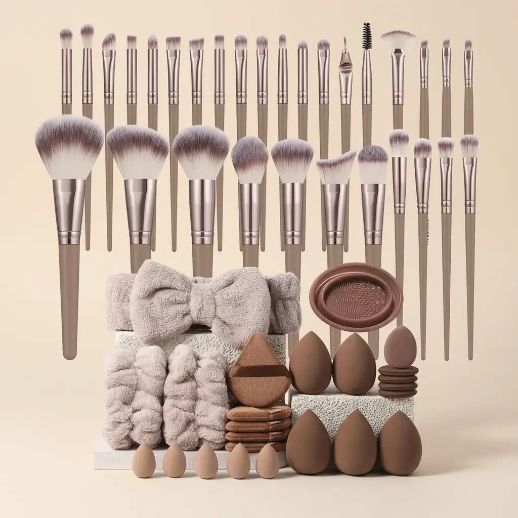 54Pcs Professional Makeup Brushes Set with Beauty Sponge, Silicone Cleaner Bowl, Fleece Headband & Wristbands - All-In-1 Complete Tools Kit for Beginners & Makeup Artists