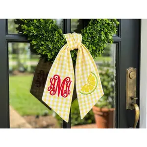 Monogrammed Lemon Wreath Sash, Yellow Gingham Personalized Front Door Decor, Summer Citrus Wreath Bow, Custom Embroidered Housewarming Gift
