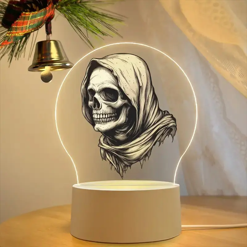 Skull Night Light USB Powered with Switch, Bedroom Desk Decor, Perfect Gift, Acrylic LED Lamp, Halloween Bar Coffee Shop Friend Gift