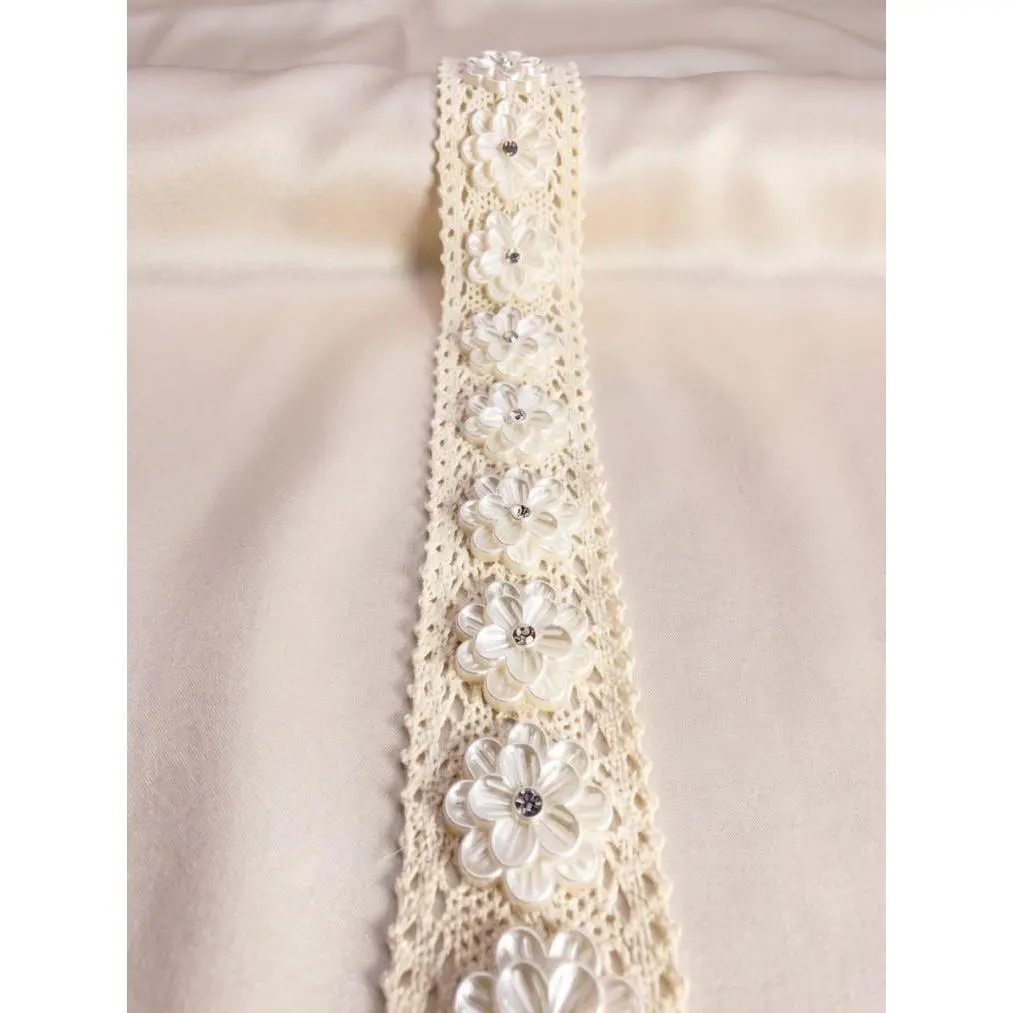 Ivory cotton Lace Trim with Pearlized Flowers & Rhinestone Centers Sash, DIY projects, country projects, adhesive backing.