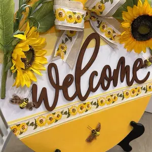 Sunflower Door Hanger 18in with Greenery Bows and Bees Decorative Welcome Sign for Home Entryway