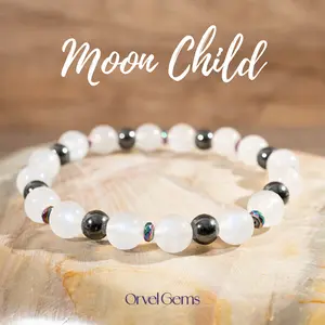 Luna Moon Child Bracelet – Natural Rainbow Moonstone & Hematite for Protection | Unisex Celestial Gemstone Jewelry | Spiritual Gift for Women, Men, Couples, Friends & Family