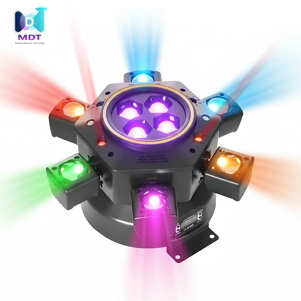 MDT Father's Day Gift Ideas Super 6-IN-1 Moving Head DJ Lights with RGBW 6-Arm Beams, Bee-Eyes Effect, 4 LED Strobes, DMX-512 & Sound Activated, Stage Lights for Party Disco KTV Wedding Club