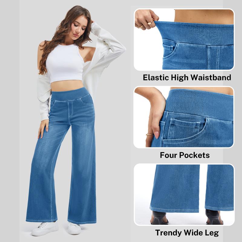 MAGCOMSEN Wide Leg Stretchy Jeans for Women Loose Fit Elastic High Waist Pants Pull On Baggy Fit Jeans Tummy Control Trousers Casual Work Wear FallFreshness Outdoorfun