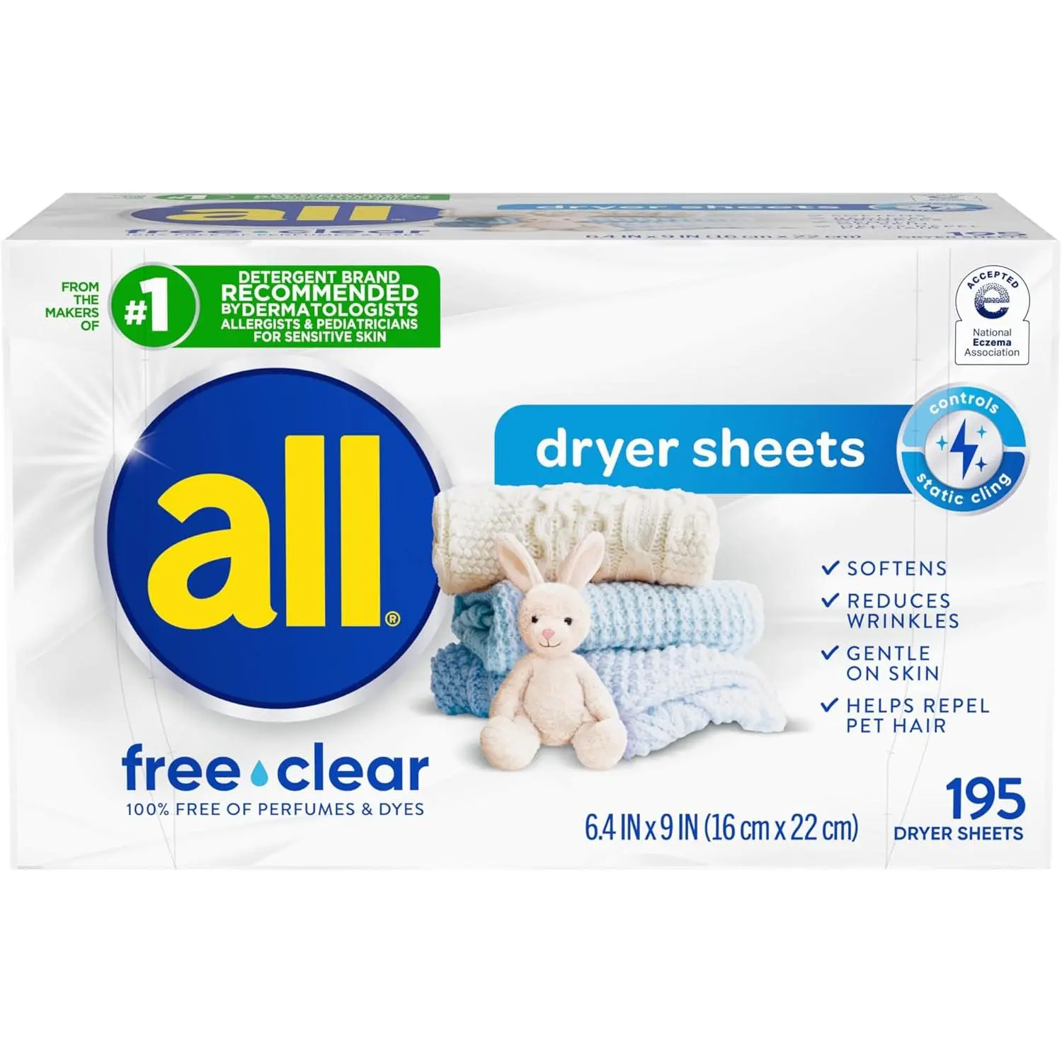 All Free Sensitive Skin Laundry Care Pre-Measured Fabric Softener Dryer Sheets, 195 Sheets - Dye-Free, Dermatologist-Tested, Unscented, Static Cling Control, Wrinkle Reduction, HE-Compatible