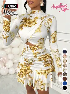 Aliling Women's Elegant Floral Print Dress with Stand Collar, Long-Sleeve Hollow-Out Design and Ruffled Hem, Fall Fashion Mini Dress for Parties