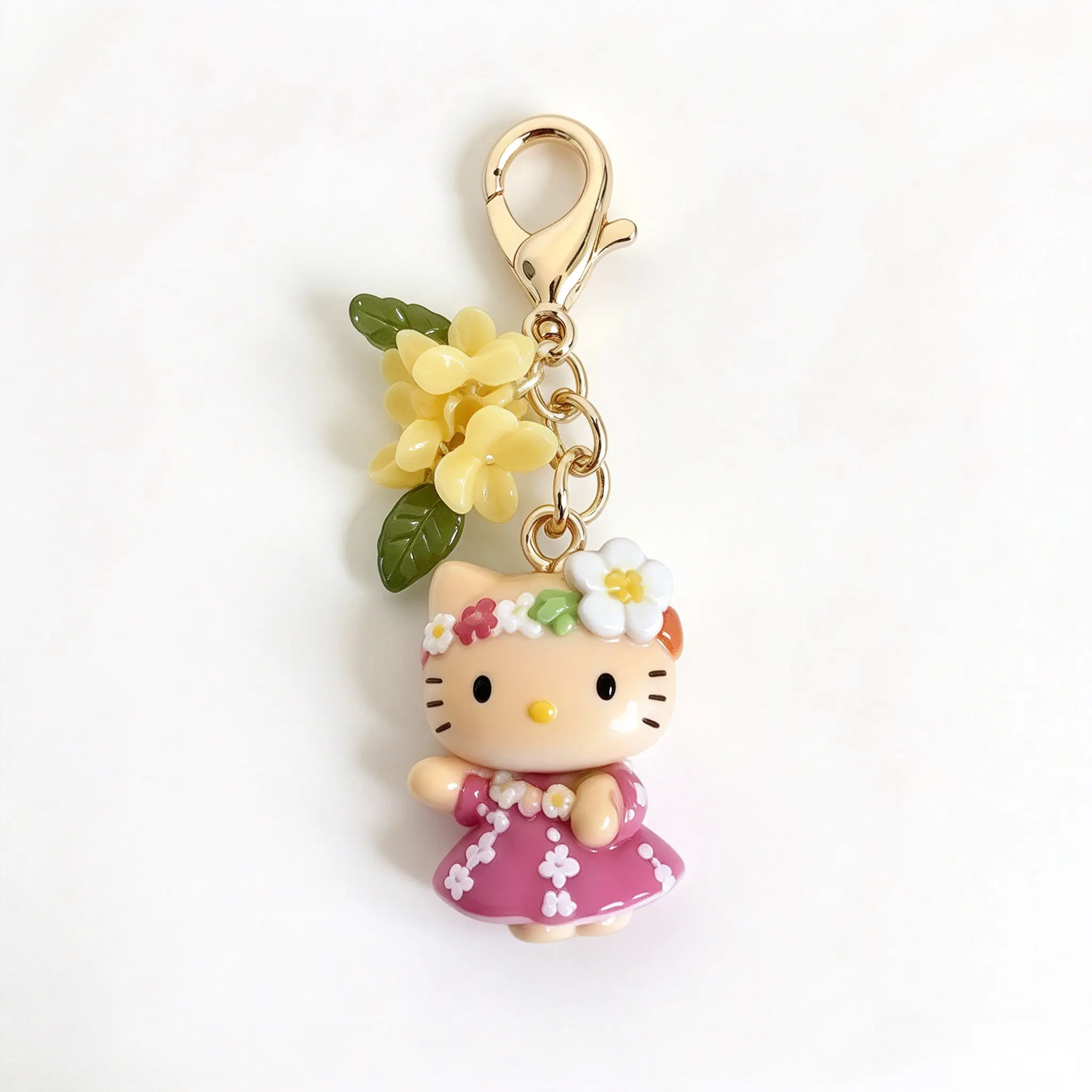 Hawaiian Style Hello Kitty Keychain, Tanned Skin Kitty Figurine with Flower Wreath, Cute Sanrio Bag Charm