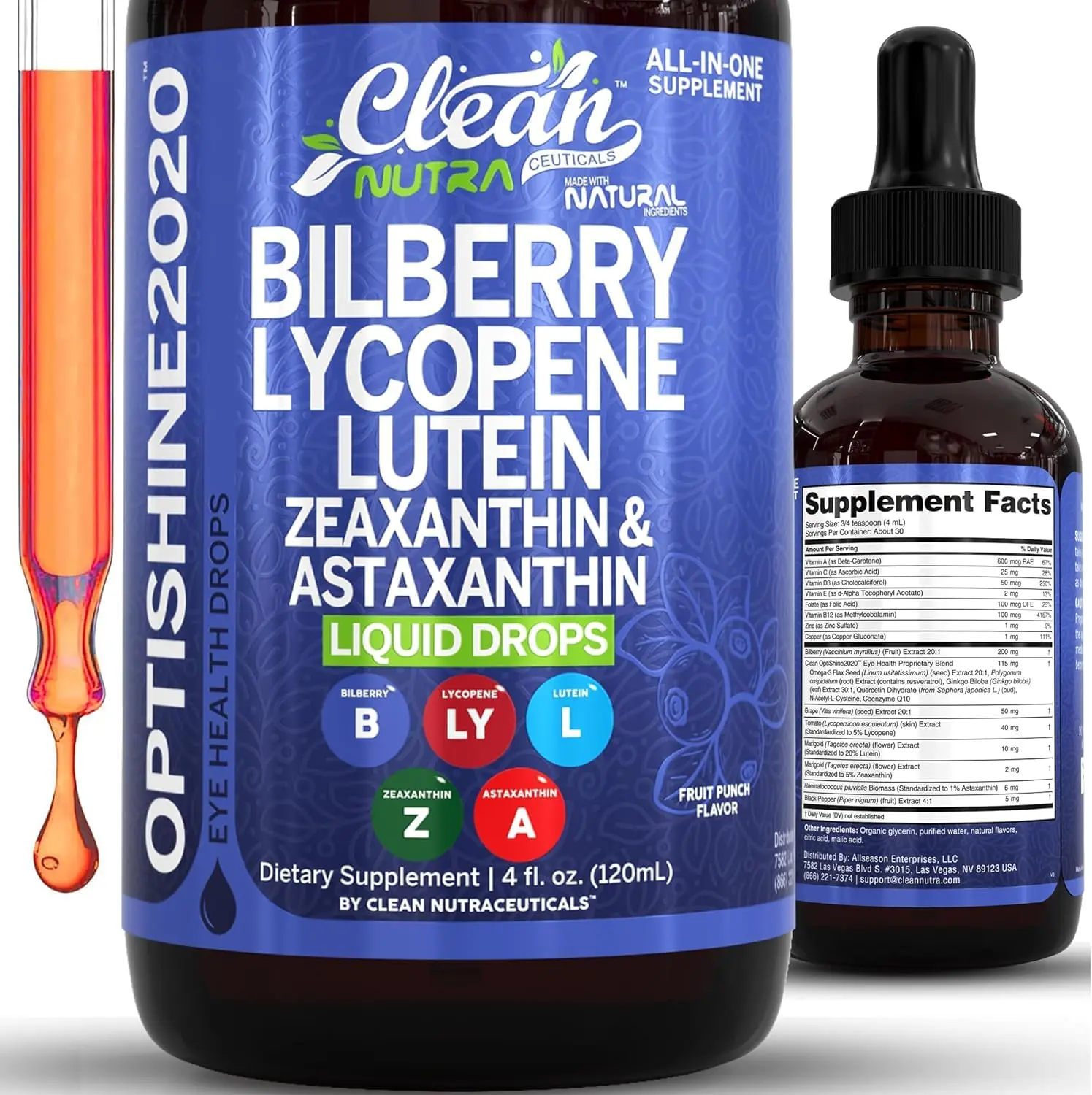 Clean Nutra Bilberry, Lycopene, Lutein, Zeaxanthin & Astaxanthin Liquid Drops for Healthy Vision & Eye Support - OptiShine2020
