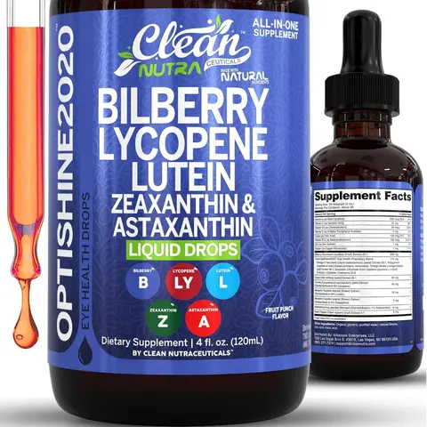 Clean Nutra Bilberry, Lycopene, Lutein, Zeaxanthin & Astaxanthin Liquid Drops for Healthy Vision & Eye Support - OptiShine2020