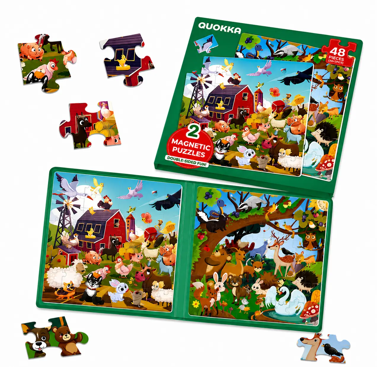 QUOKKA Magnetic Puzzles Book - 2 Sets of 48-Piece Jigsaw Puzzles, Shape Recognition Puzzles for Ages 4-6, Farm Animals & Forest Themed Kids' Travel Activity Toy, Pieces Jigsaw Puzzles