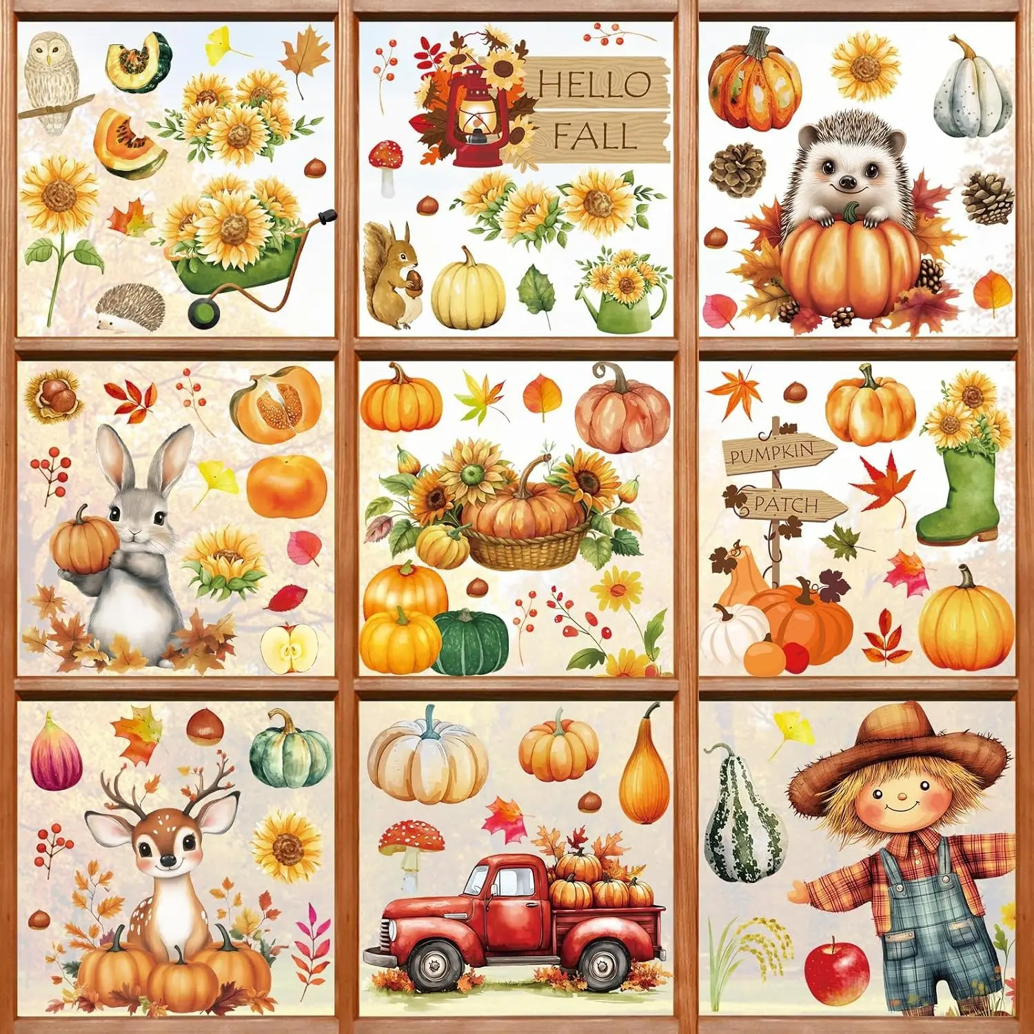 9 Sheet Fall Window Clings, 99 PCS Double-Side Fall Window Stickers Pumpkin Maple Leaves Scarecrow Autumn Glass Sticker Decal for Holiday Home Office School Party Decor Supplies