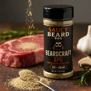Saucy Beard BBQ Beardcraft SPG Savory Umami Seasoning - Clean Salt Bold Black Pepper Real Garlic Lightly Smoky All Purpose Spice for Steak Chicken Pork Burgers Veggies Potatoes Eggs
