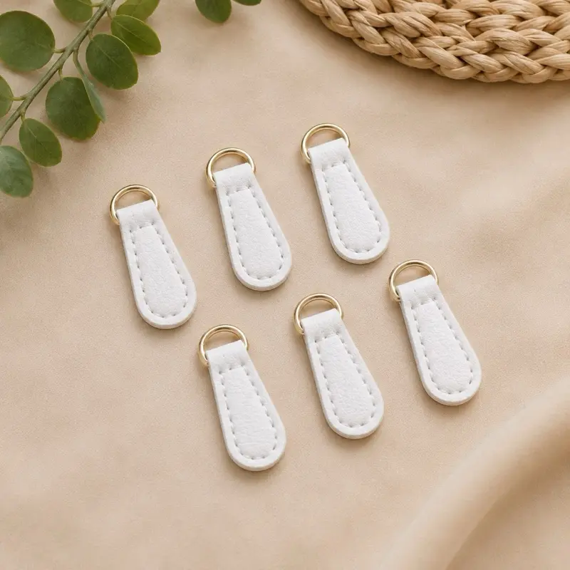 6 white Faux Leather Zipper Pull Tabs