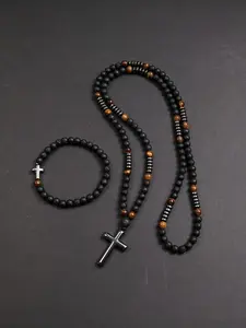 1 Set Retro Style Necklace and Bracelet Set, 6mm Bead Cross Pendant, Unisex Jewelry Gift, All Seasons Fashion Accessory