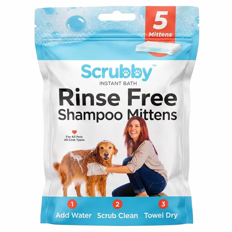 Rinse Free Shampoo Mittens for Dogs, Bath Wipes for Bathing and Washing Pets, Hypoallergenic No Rinse Wash Mitt for Grooming, Lather Wipe Dry - 5 Pack