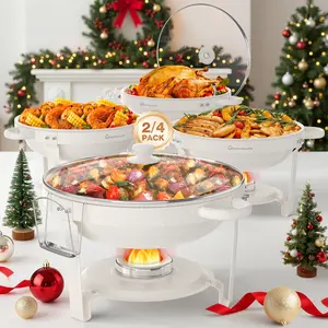 WARMOUNTS 5QT White Chafing Dish Set - Maifanite-Coated Round Buffet Warmers with Glass Lid, Mirror Finish for Easy Cleaning & Rolled Cut-Resistant Rims, Stackable Design for Wedding & Party Catering