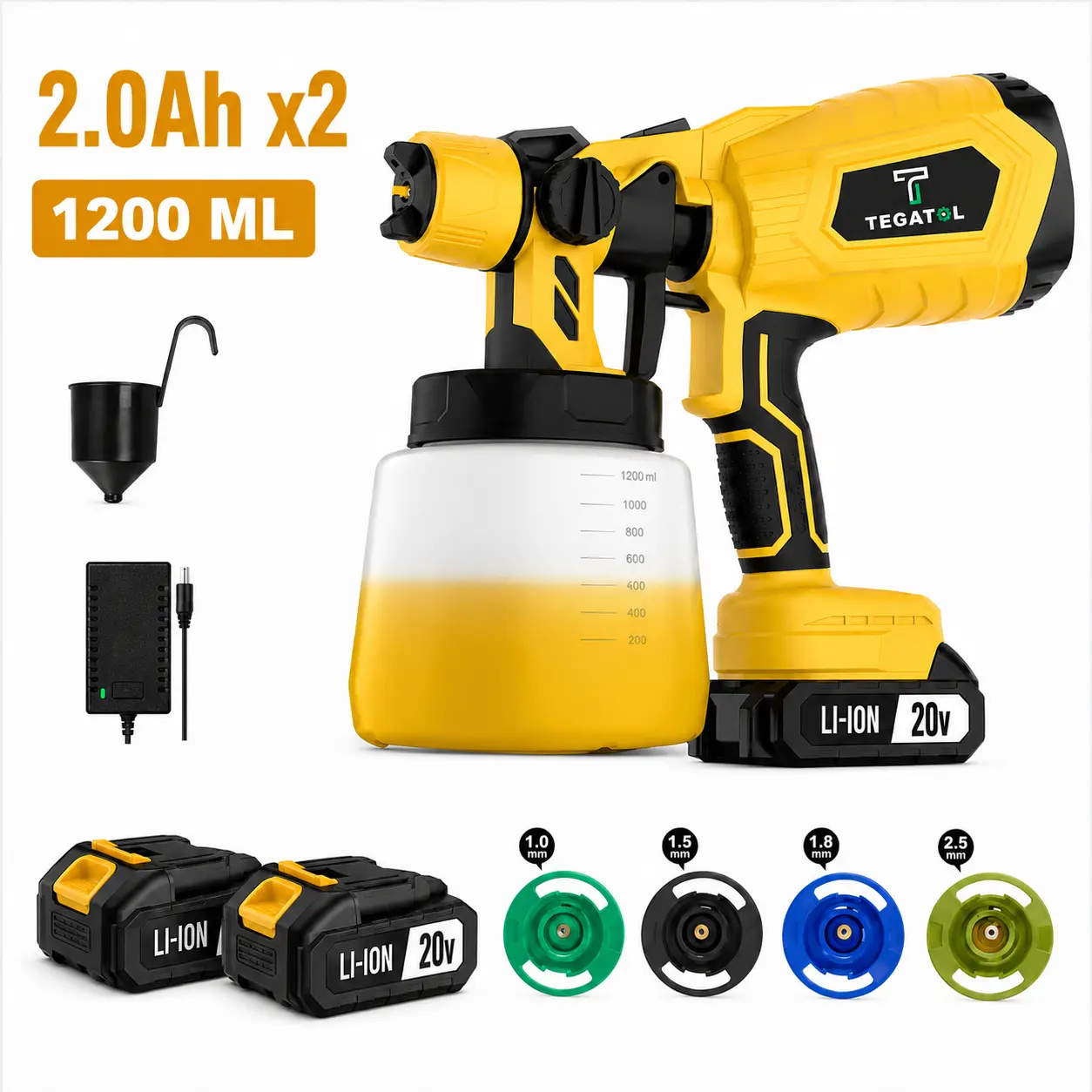 20V Cordless Paint Sprayer Kit with 20v Voltage, Battery, Charger, 1200mL Tank, 4 Nozzles, Flow Adjuster – Electric Spray Gun for Furniture, DIY Home Improvement Projects