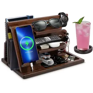 Wooden Phone Docking Station for Men – Desk Organizer & Nightstand Stand for Phone, Keys, Wallet & Watch | Father's Day, Birthday & Christmas Gift for Dad
