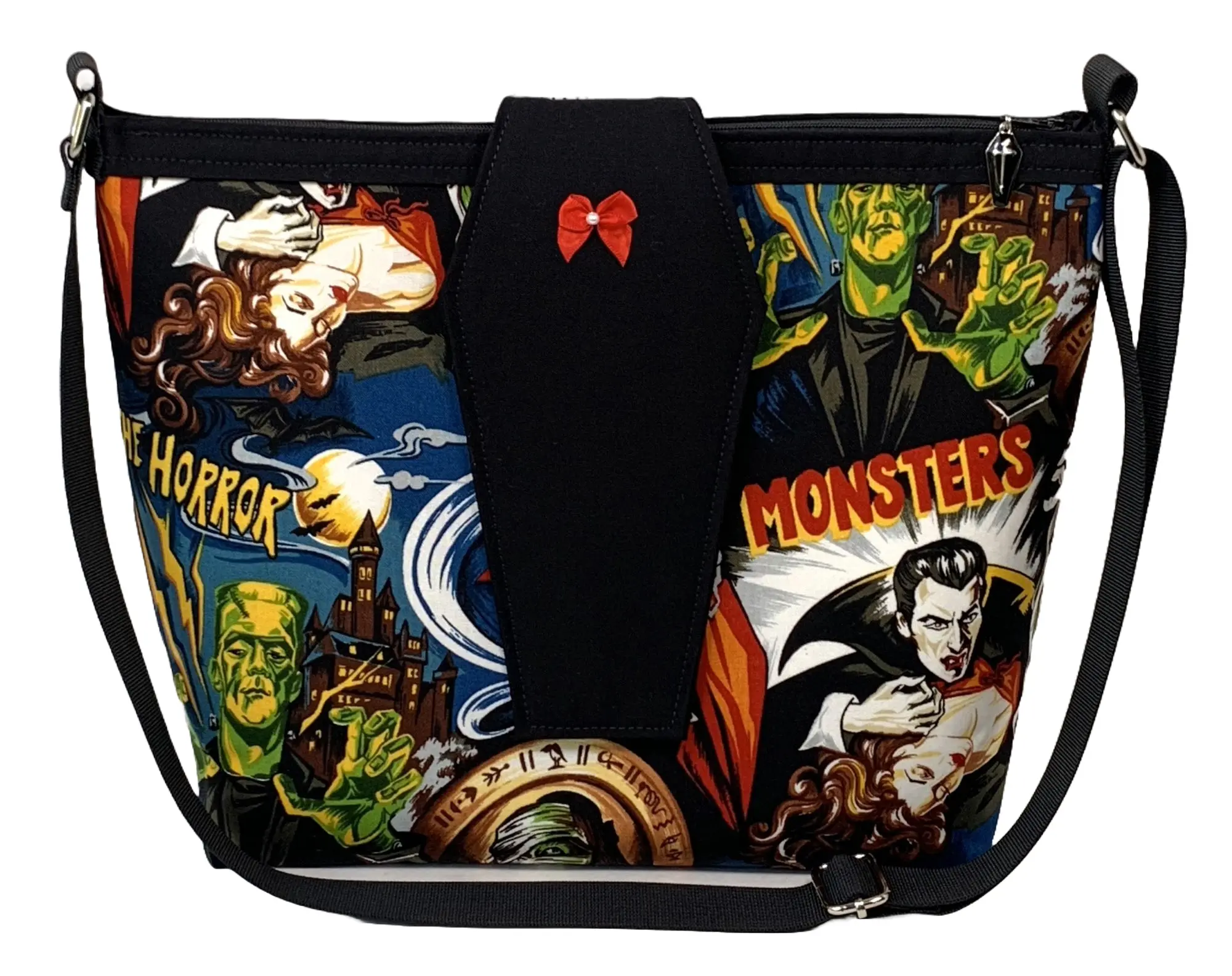 La Luna Blu Handbags Classic Horror MONSTERS COFFIN FLAP Bag w/Coffin Charm - Universal Vintage Frankenstein Wolfman Mummy Dracula Vampire Halloween 100% Cotton with Red Ribbon Bow & Faux Pearl Accent