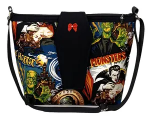 La Luna Blu Handbags Classic Horror MONSTERS COFFIN FLAP Bag w/Coffin Charm - Universal Vintage Frankenstein Wolfman Mummy Dracula Vampire Halloween 100% Cotton with Red Ribbon Bow & Faux Pearl Accent