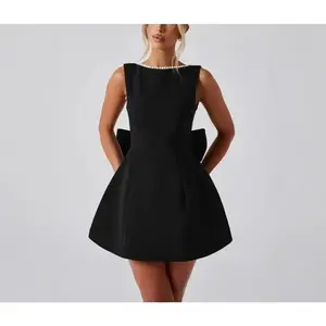Summer Women's Pearl Bow Fashion Slim Short Dress Backless Hot Girl A-line Dress Acetate Satin Solid Color High Waist Sleeveless Elegant Temperament