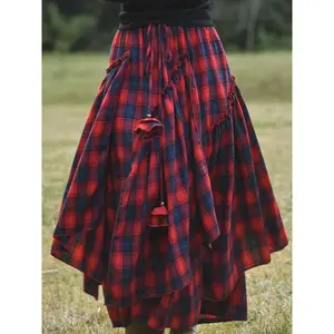 Women’s retro asymmetrical pleated skirt, polyester long floral dress, checkered pattern, loose waistband, spring and autumn fashion GARMENTARY