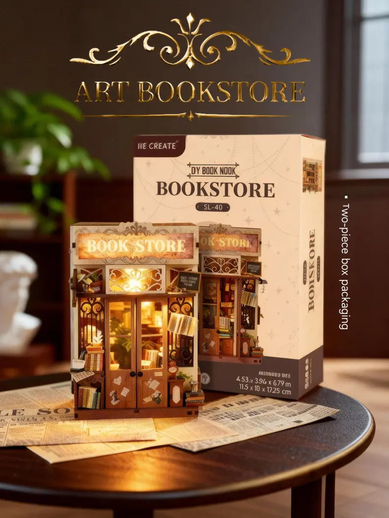 DIY Art Bookstore Book Nook Kit: 3D Wooden Puzzle with LED Lights