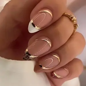 Leopard Print Press on Nails, 24pcs/set Short French Style Press on Nails for Women & Girls DIY Nail Art Design, Elegant Stick on Nails Kit, French Tip Nails
