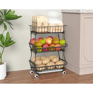 3-Tier Rolling Pantry Floor Organizers and Storage Cart with Wheels, Stackable Wire Pantry Baskets for Pantry Shelves, Kitchen Fruit Basket Stand and Storage Rack for Fruit Snack Onion Potato