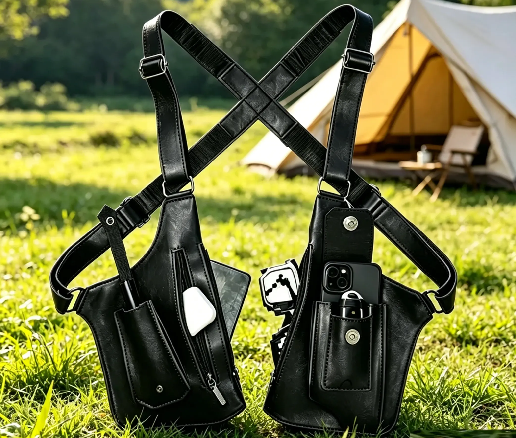 2026 New Adjustable Shoulder Holster Bag, made of durable PU leather, with multiple zippered pockets, anti-theft concealed carrying design, portable storage bag, suitable for hiking, daily commuting, practical accessory, men's survival gear gift.