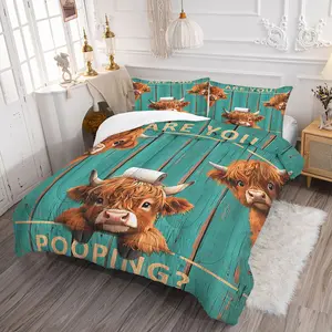 2/3PCS Funny Highland Cow Print Comforter Set, Humorous Quilt, Soft Microfiber Bedding Set with Pillowcase, "Are You Pooping?" Highland Cow Bed Set for Farmhouse & Bathroom Themed Bedroom Decor