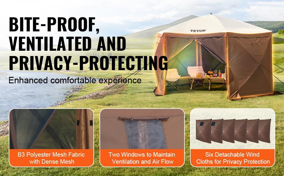 VEVOR Camping Gazebo Screen Tent, 12*12ft, 6 Sided Pop-up Canopy Shelter Tent with Mesh Windows, Portable Carry Bag, Stakes, Large Shade Tents for Outdoor Camping, Lawn and Backyard, Brown/Beige