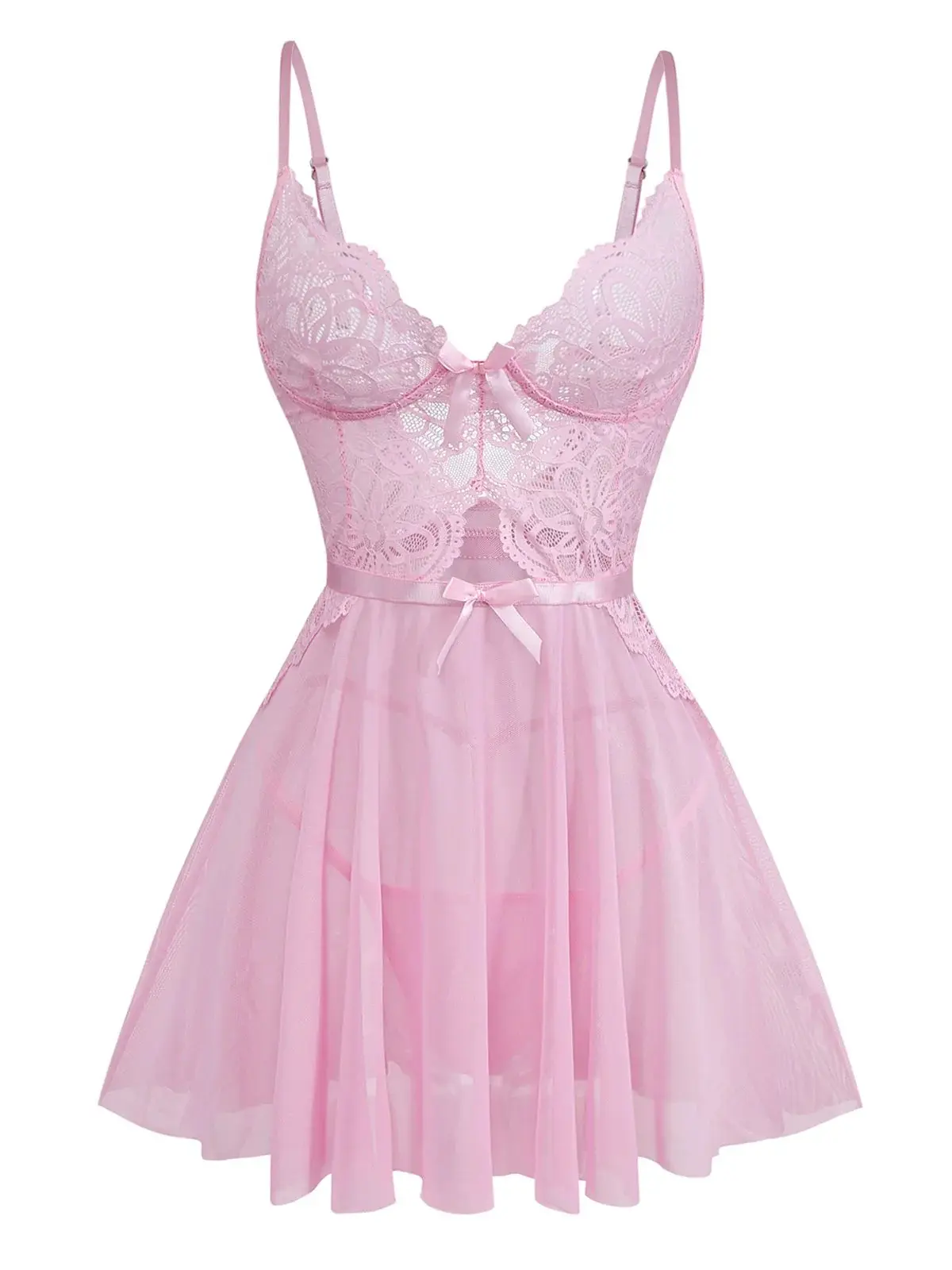 RETRO STAGE Babydoll, Women's Cute 1950s Lace Nightgown Sleepwear Set with Spaghetti Straps and Decorative Bow Detail, Night Gown, Girly Look, Above-Knee