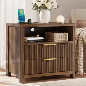 NightStand with Charging Station, 23.8'' Wide Bed Side Tables with 2 Drawers & Storage Shelf, Wood Fluted Nightstand with Rounded Corner Design, Modern End Table for Bedroom Living Room