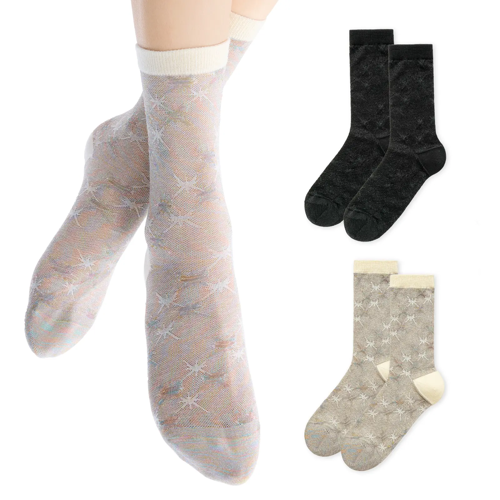 Gaoso Women's Funky Retro Novelty Print Ankle Socks 4 Pairs Glitter Sequin Calf Socks