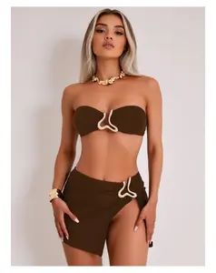 Bandeau Bikini Set for Women - Chocolate Brown 2 Piece Swimsuit with Gold Accent - Wrap Skirtini - Adjustable Strapless Bathing Suit - Beach Pool Vacation