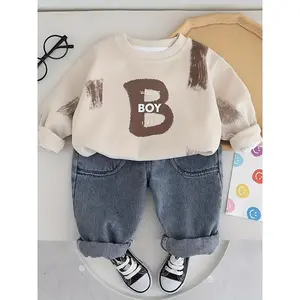 Boys Letter Print Sweatshirt and Faux Jogger 2 Piece Set Trendy Casual Outfit Crewneck Tracksuit Kids School Clothes Everyday Wear Durable Comfort Fit Fall Winter