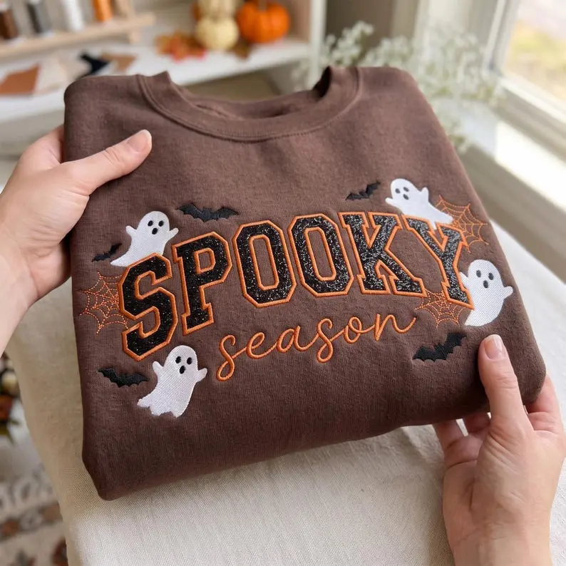 Spooky Season Glitter Applique Embroidered Sweatshirt, Bats & Ghosts Halloween Crewneck, Halloween Tee, Halloween Gift, Cozy Season Gift