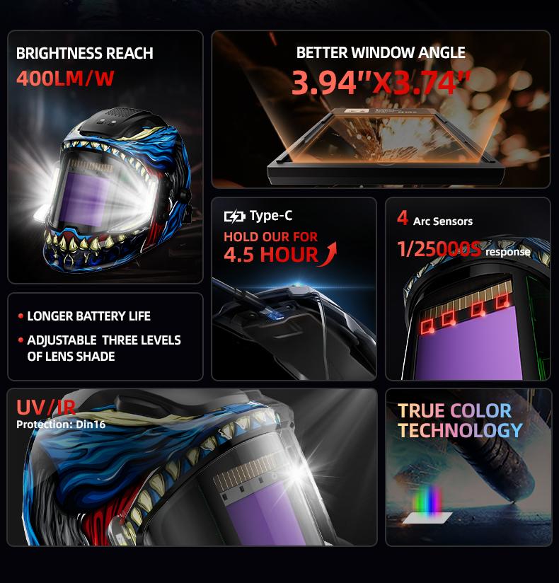 ANDELI MONERDB 4LED 3.94x3.74 Auto Darkening Welding Helmet with True Color Large Viewing Screen 6 Arc Sensors for MIG TIG ARC CUT Welding Heavy Duty Weldingmask Weldingcap