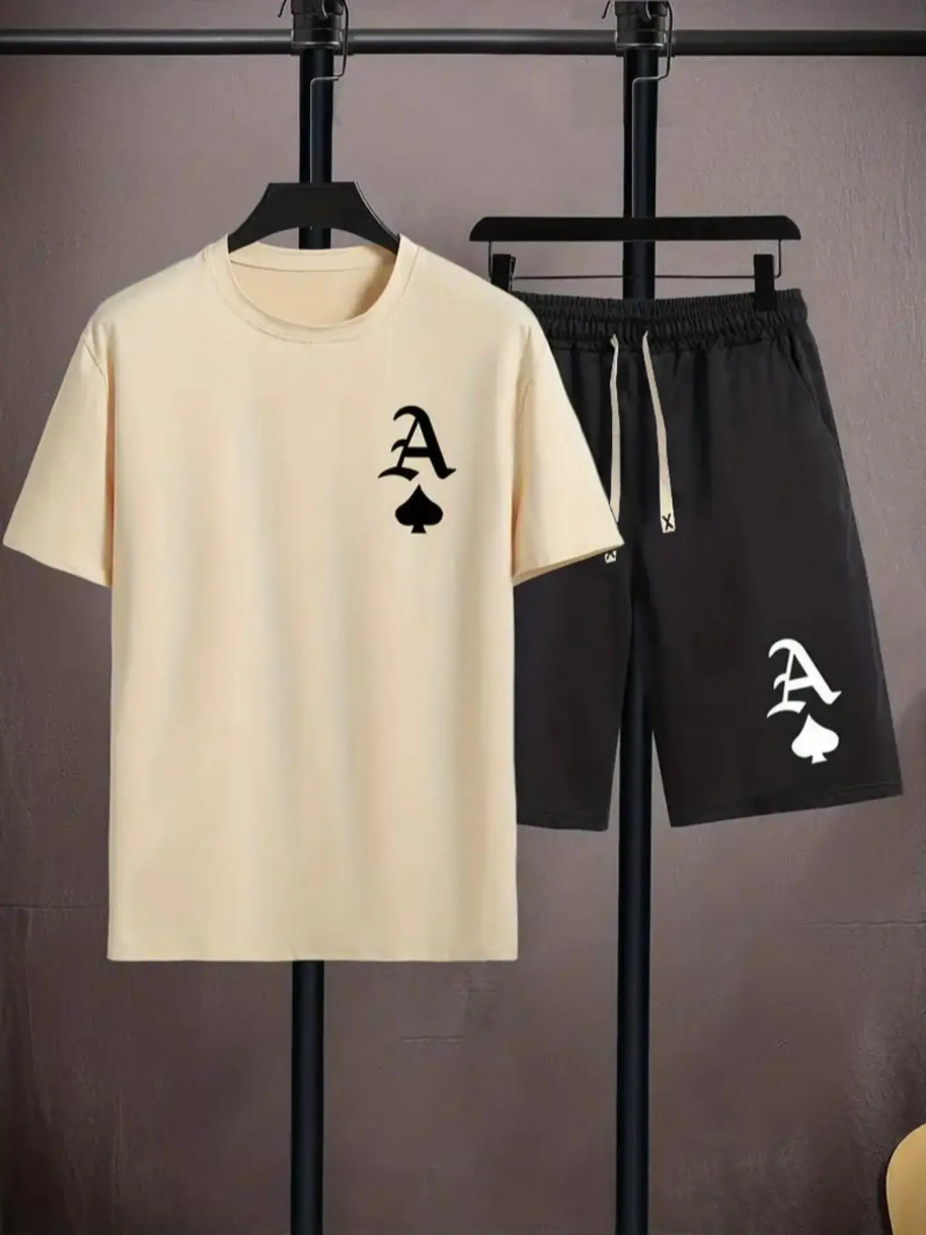 Men's Loose Letter Print Tee & Drawstring Shorts Set, Casual Style Set, Menswear, Full Sets Men Outfit, Round Neck Short Sleeve Top & Track Shorts for Men, Men Two-piece Outfits for Indoor Outdoor Sports, Shorts Matching Set