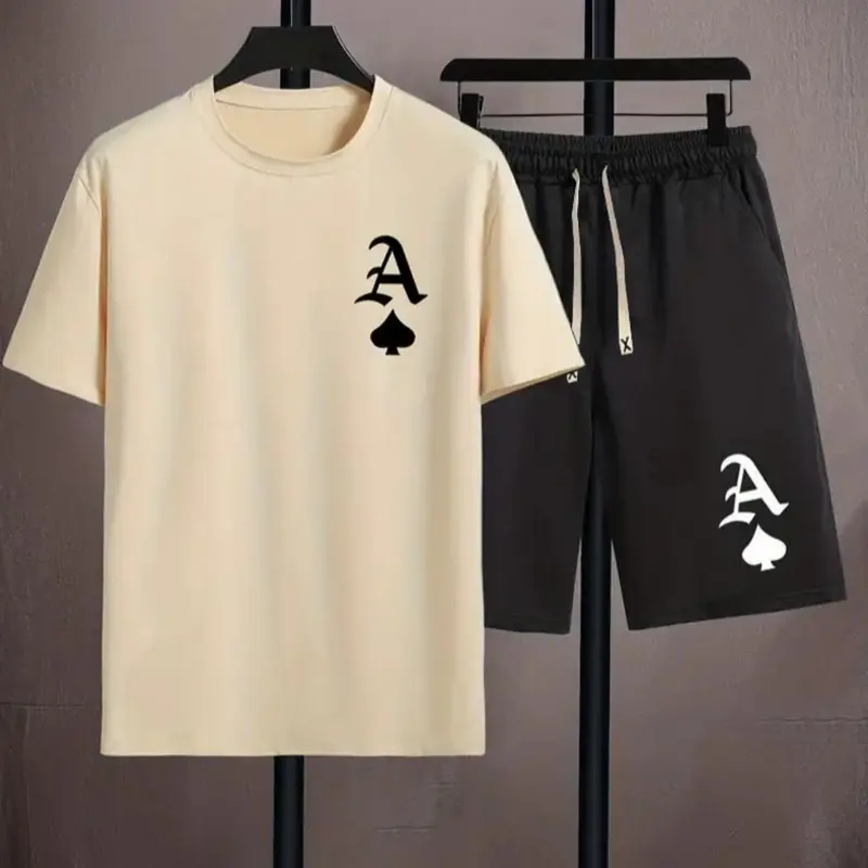 Men's Loose Letter Print Tee & Drawstring Shorts Set, Casual Style Set, Menswear, Full Sets Men Outfit, Round Neck Short Sleeve Top & Track Shorts for Men, Men Two-piece Outfits for Indoor Outdoor Sports, Shorts Matching Set