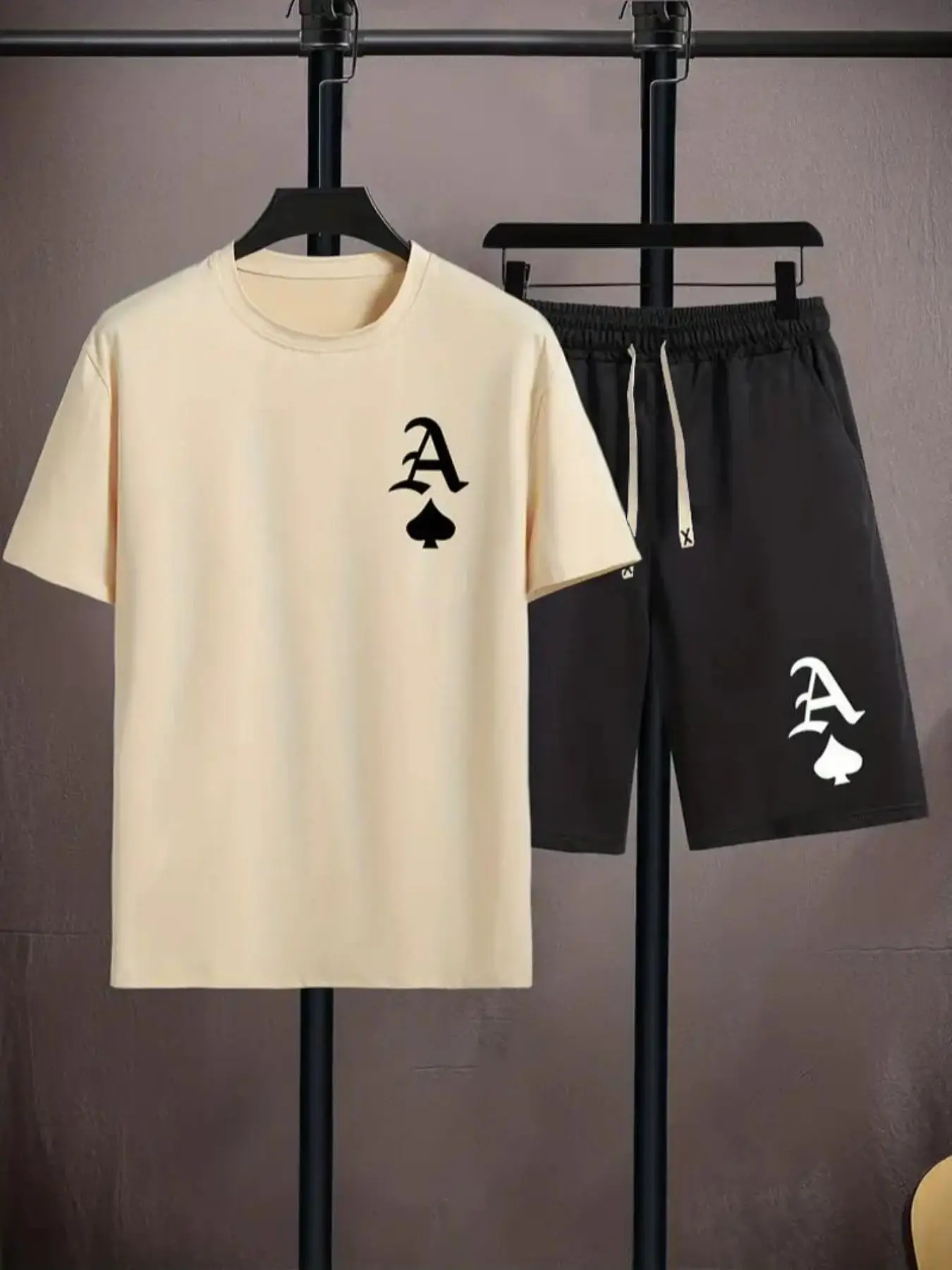 Men's Loose Letter Print Tee & Drawstring Shorts Set, Full Sets Men Outfit, Casual Round Neck Short Sleeve Top & Track Shorts for Men, Men Two-piece O
